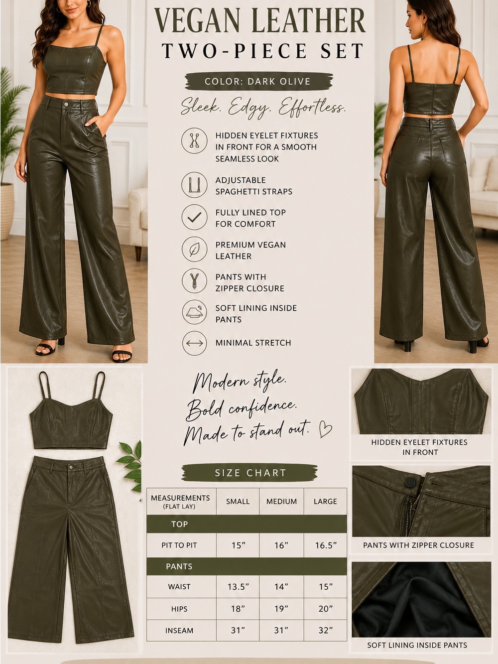 Vegan Leather Two-Piece Set - Dark Olive Women’s Pants & Crop Top